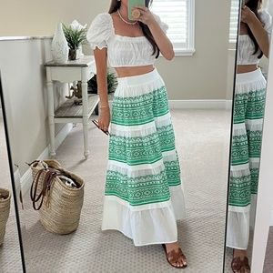 Maje Fully Embroidered Cotton Skirt in Green & White